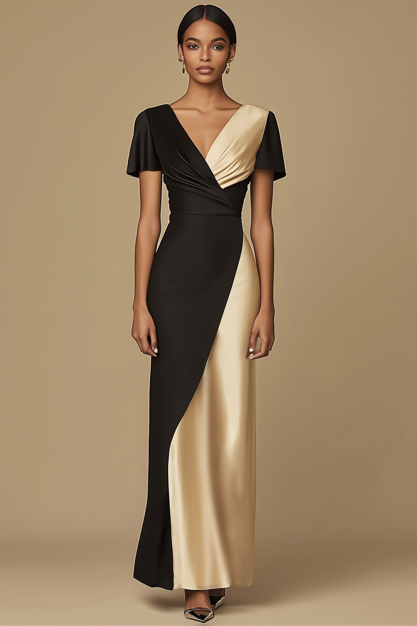 Formal Evening Satin Dress Black Champagne V Neck Maxi Dress
