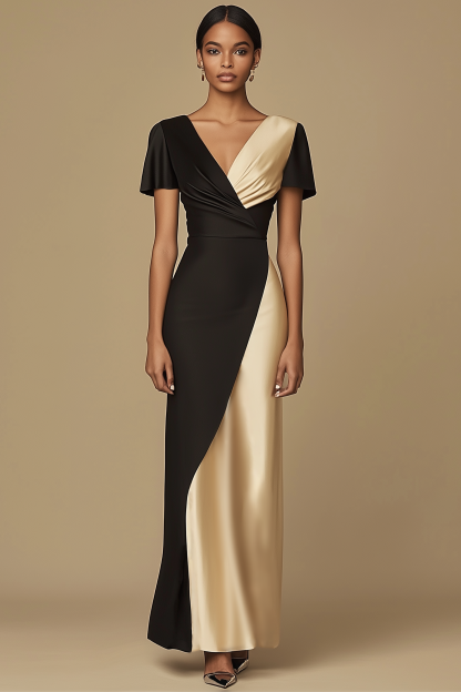 Formal Evening Satin Dress Black Champagne V Neck Maxi Dress