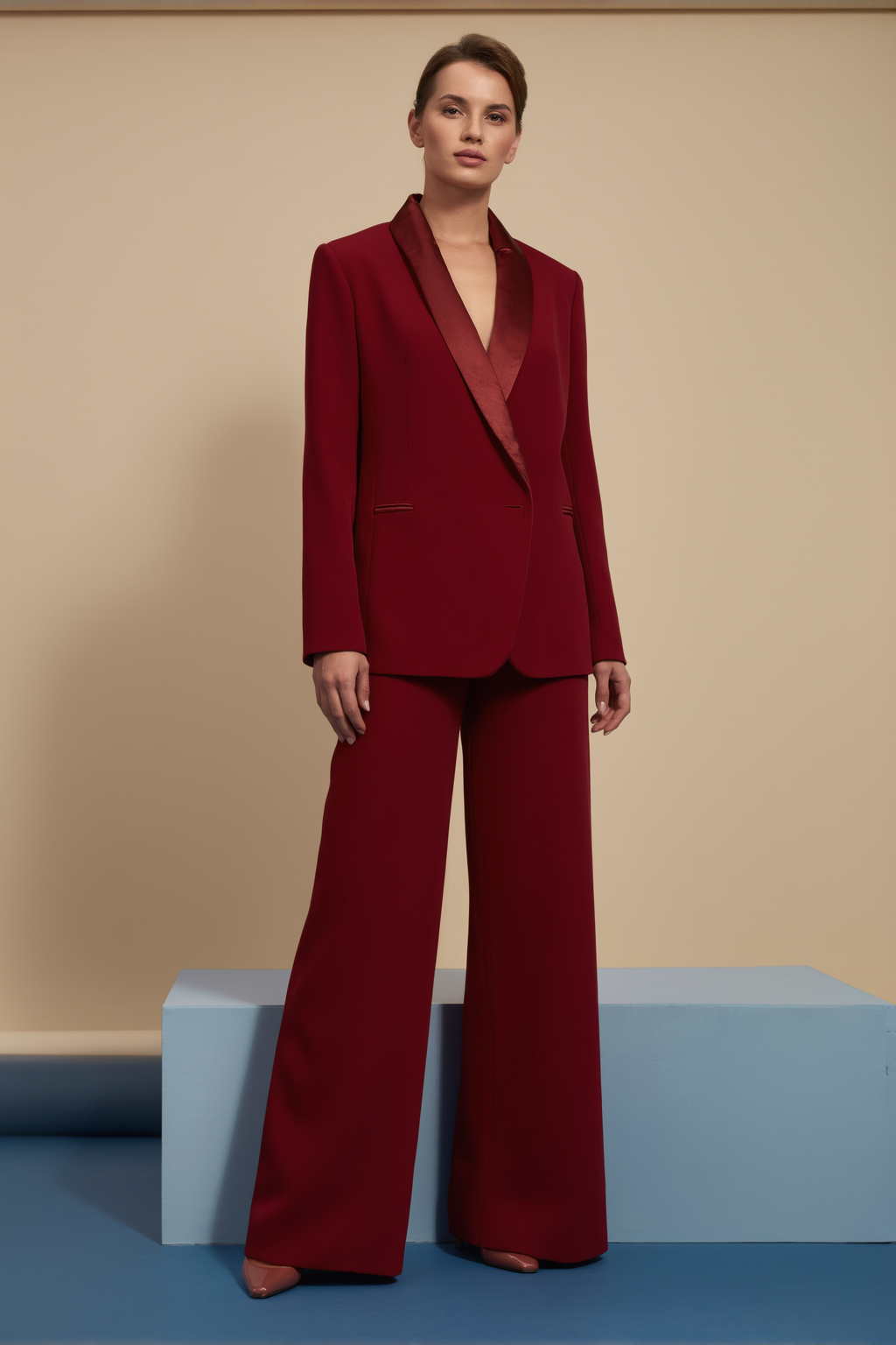 Work Formal Blazer Suit Set Red Lapel Long Sleeve Pantsuit