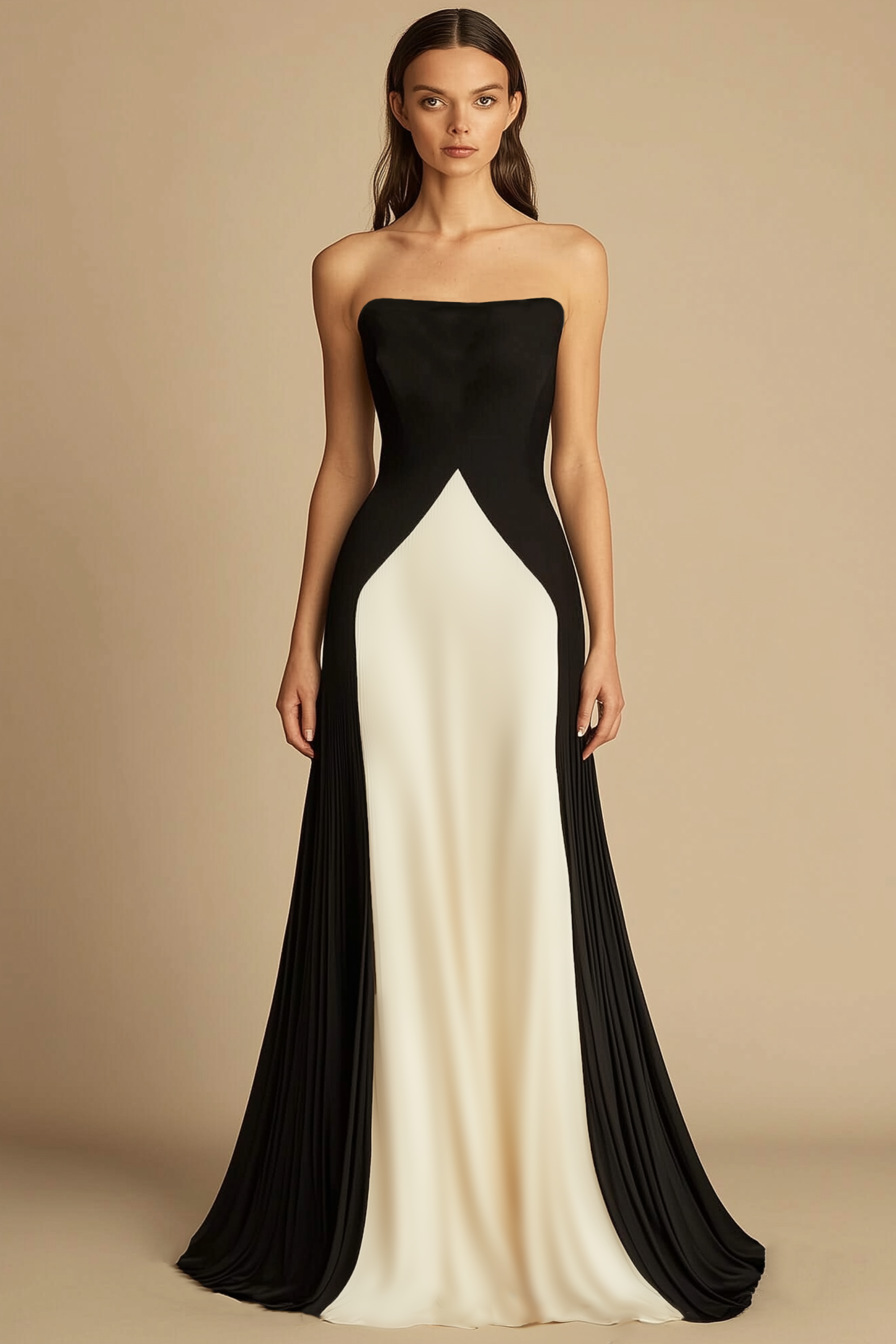 Formal Evening Dress Black Beige Strapless Floor Length Dress