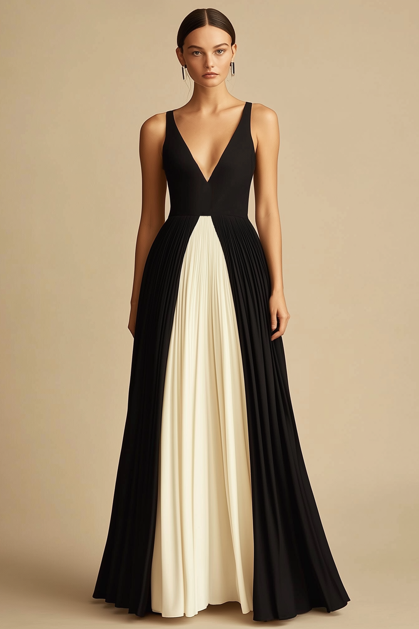 Formal Evening Dress Black Beige Spaghetti Strap Deep V Maxi Dress