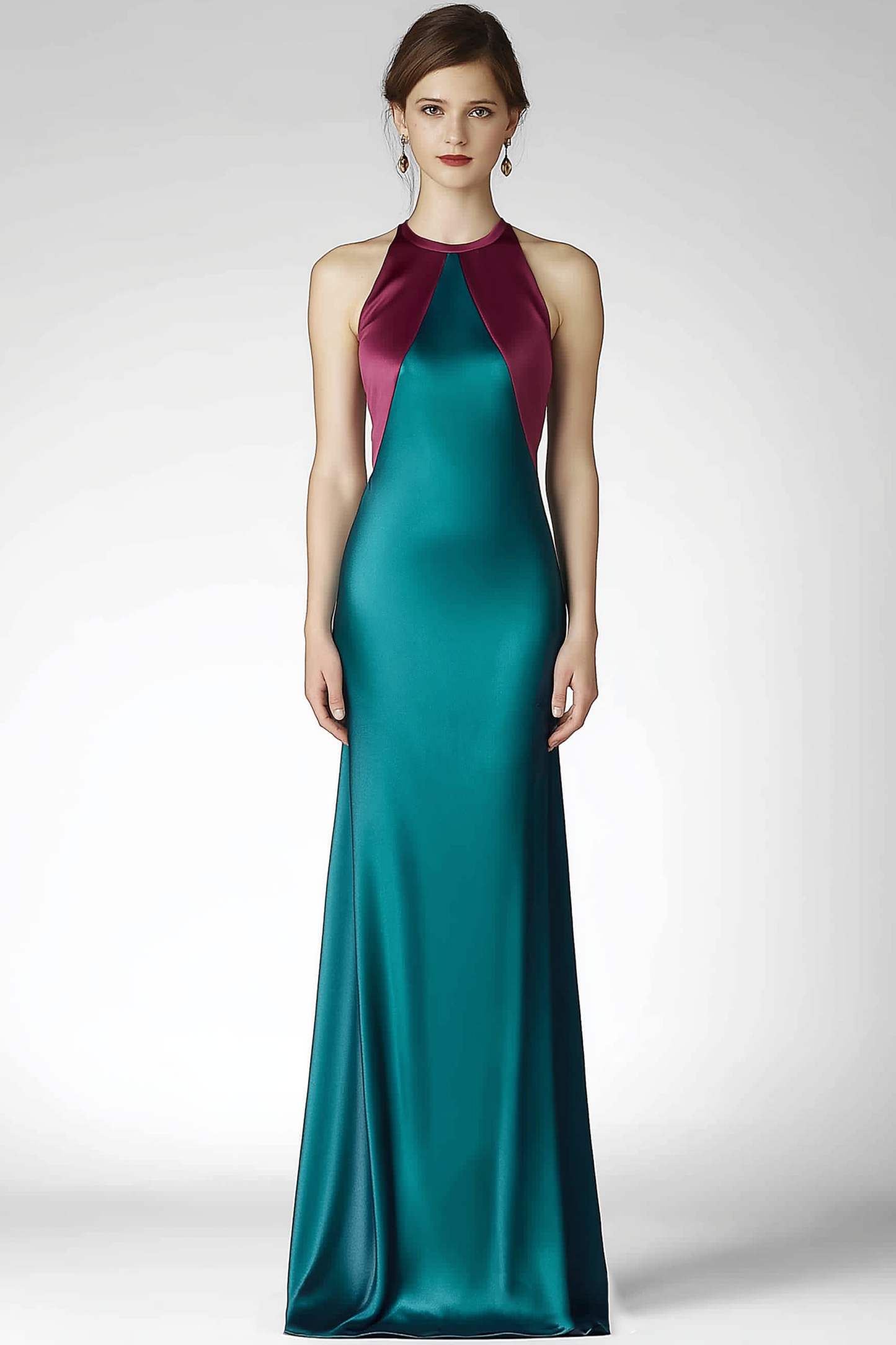 Formal Evening Halter Neck Dress Green Satin Floor Dress
