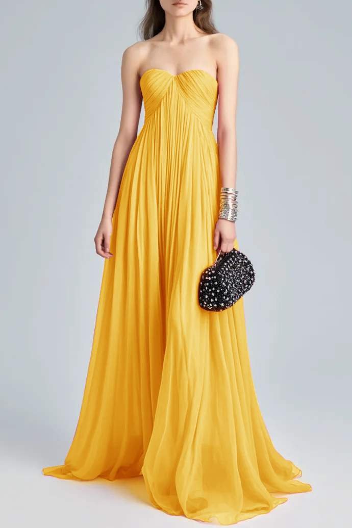 Holiday Evening Dress Pink Strapless Ruched Floor Chiffon Dress