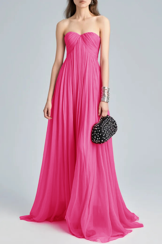 Holiday Evening Dress Pink Strapless Ruched Floor Chiffon Dress