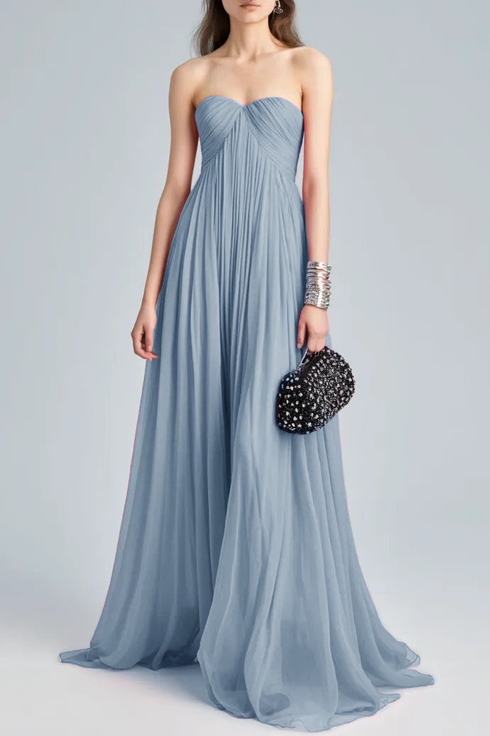 Holiday Evening Dress Pink Strapless Ruched Floor Chiffon Dress