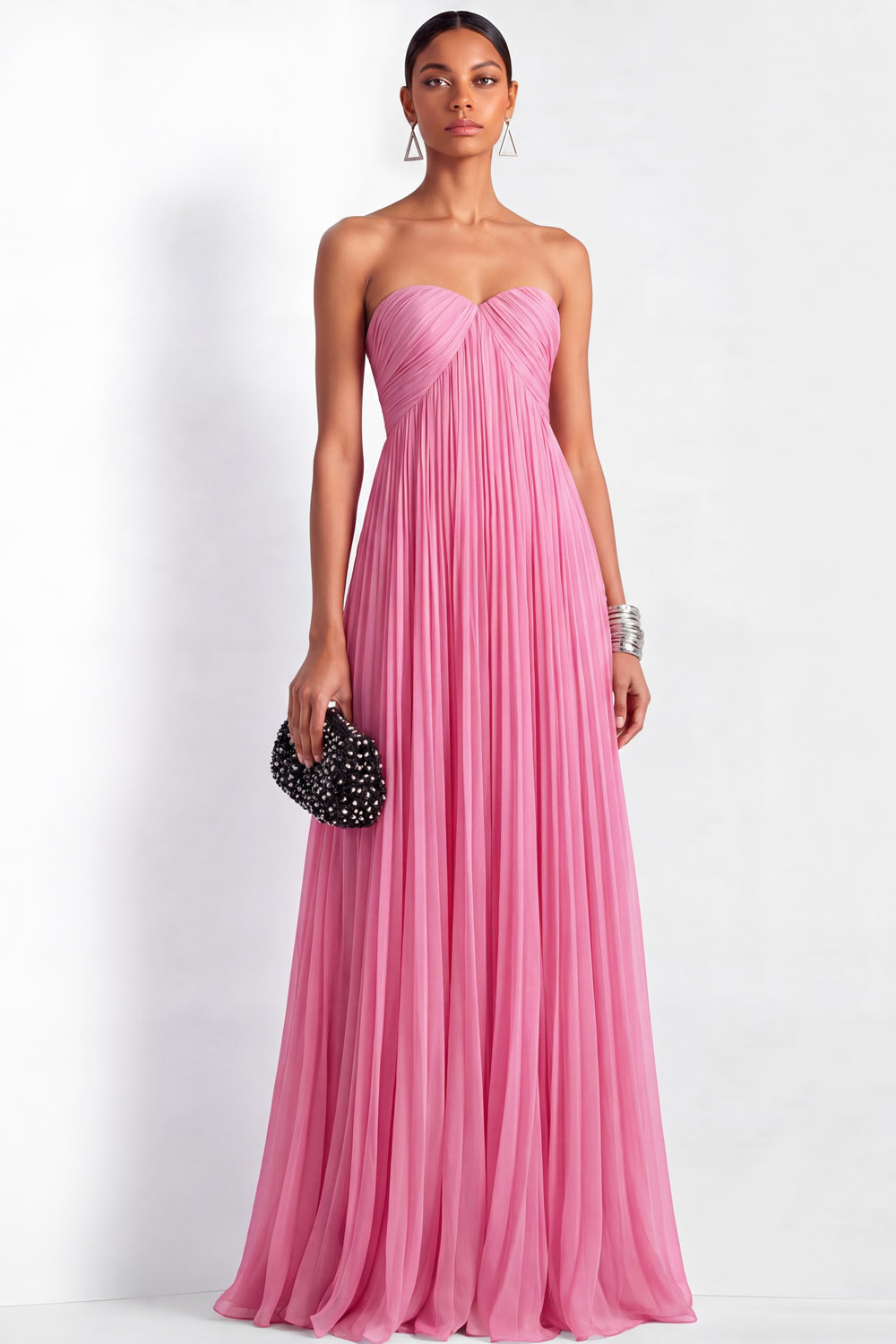 Holiday Evening Dress Pink Strapless Ruched Floor Chiffon Dress