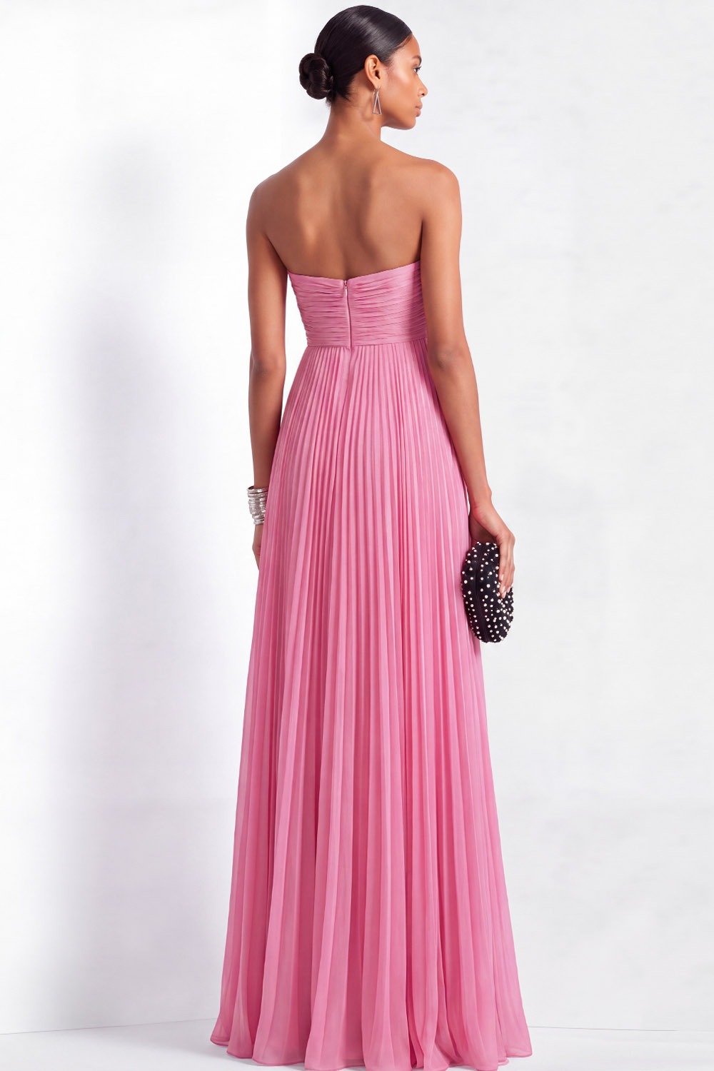 Holiday Evening Dress Pink Strapless Ruched Floor Chiffon Dress