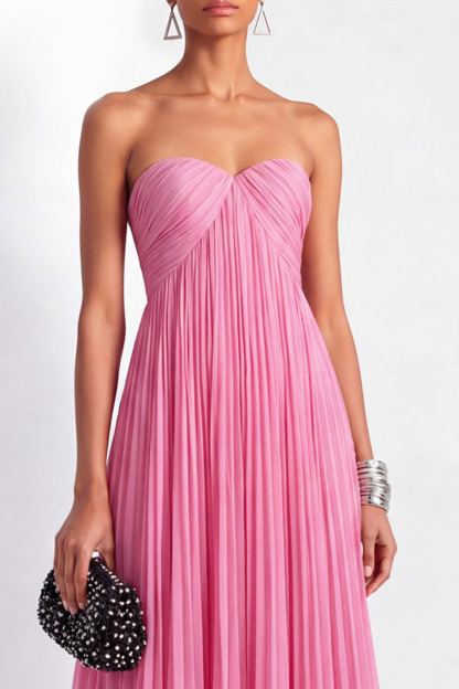 Holiday Evening Dress Pink Strapless Ruched Floor Chiffon Dress