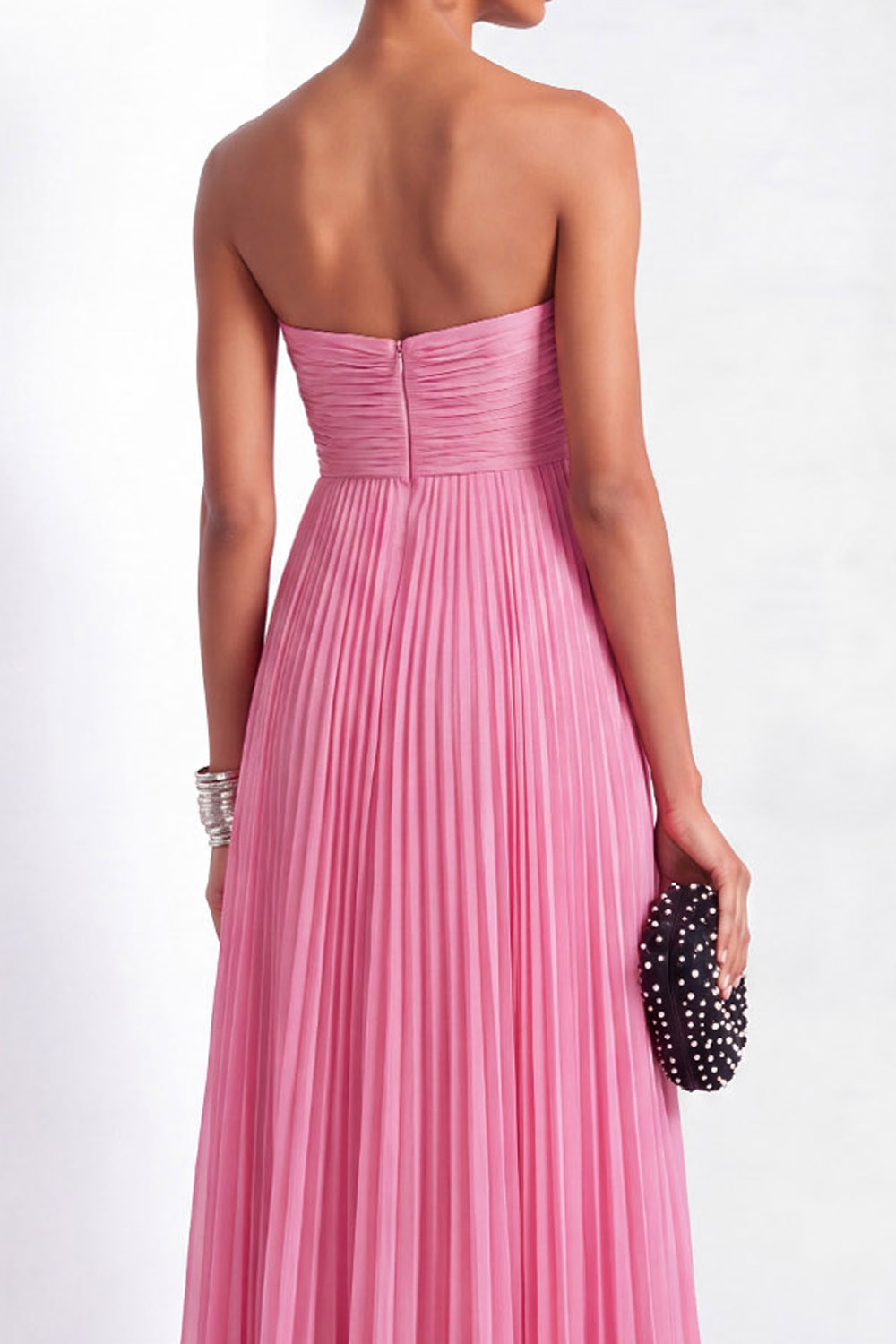 Holiday Evening Dress Pink Strapless Ruched Floor Chiffon Dress