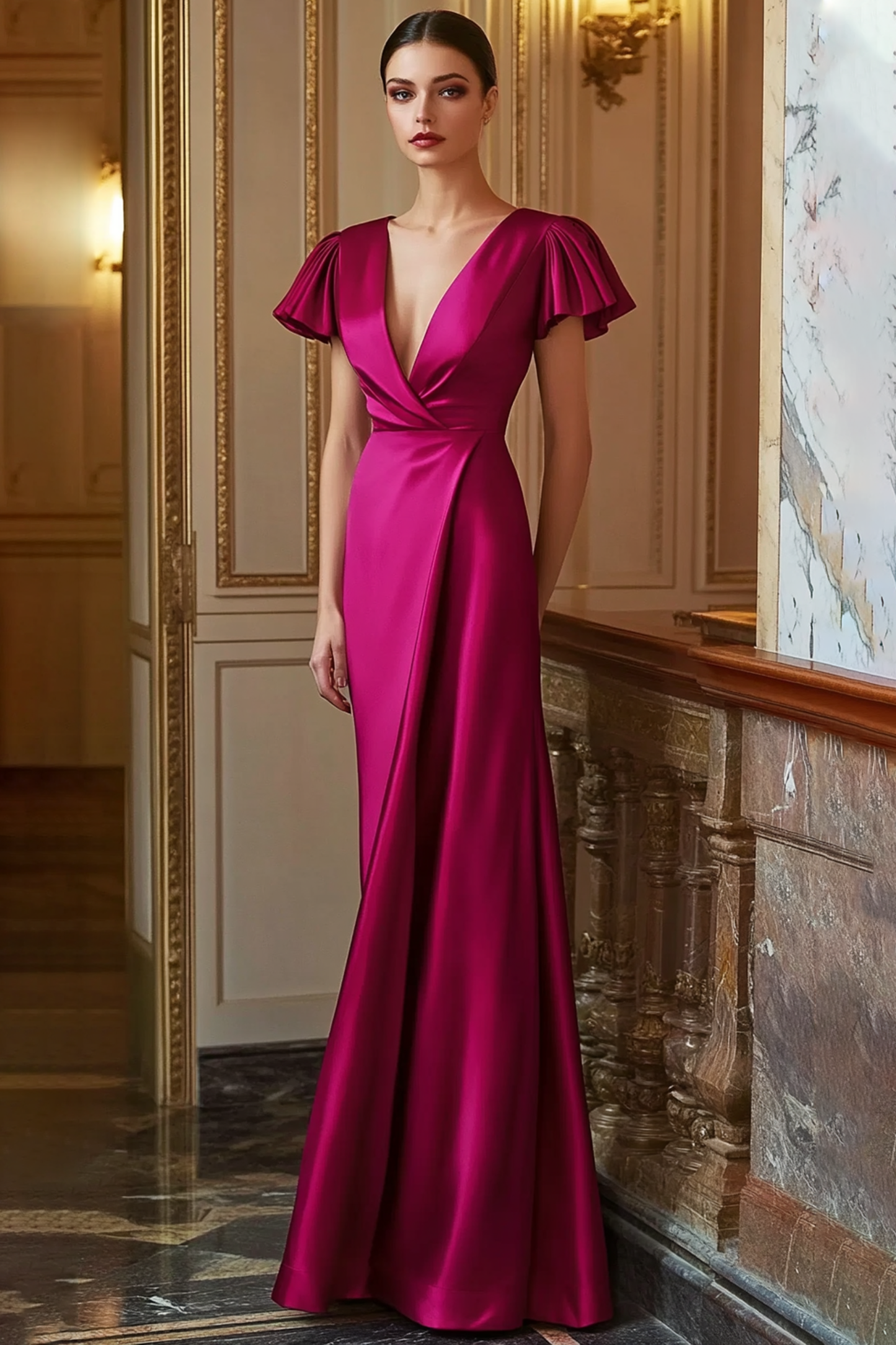Formal Evening Dress Fuchsia Deep V Satin Floor Dress