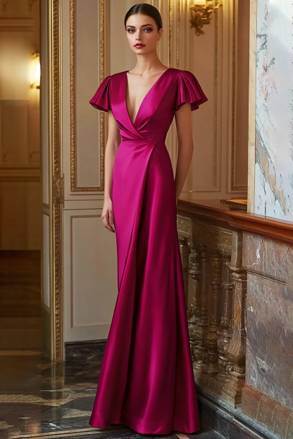 Formal Evening Dress Fuchsia Deep V Satin Floor Dress