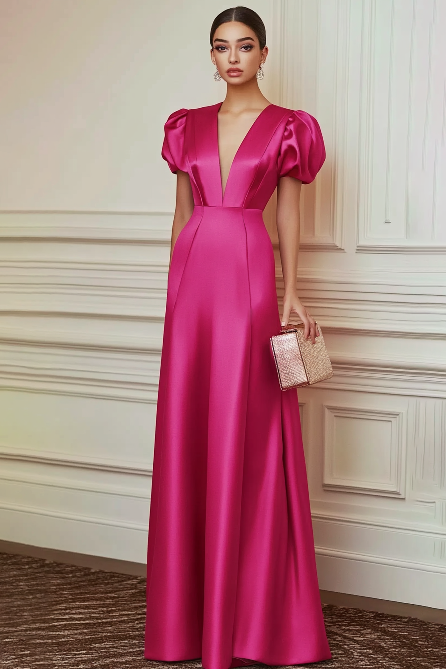 Formal Evening Dress Fuchsia Deep V Puff Sleeve Satin Floor Dress