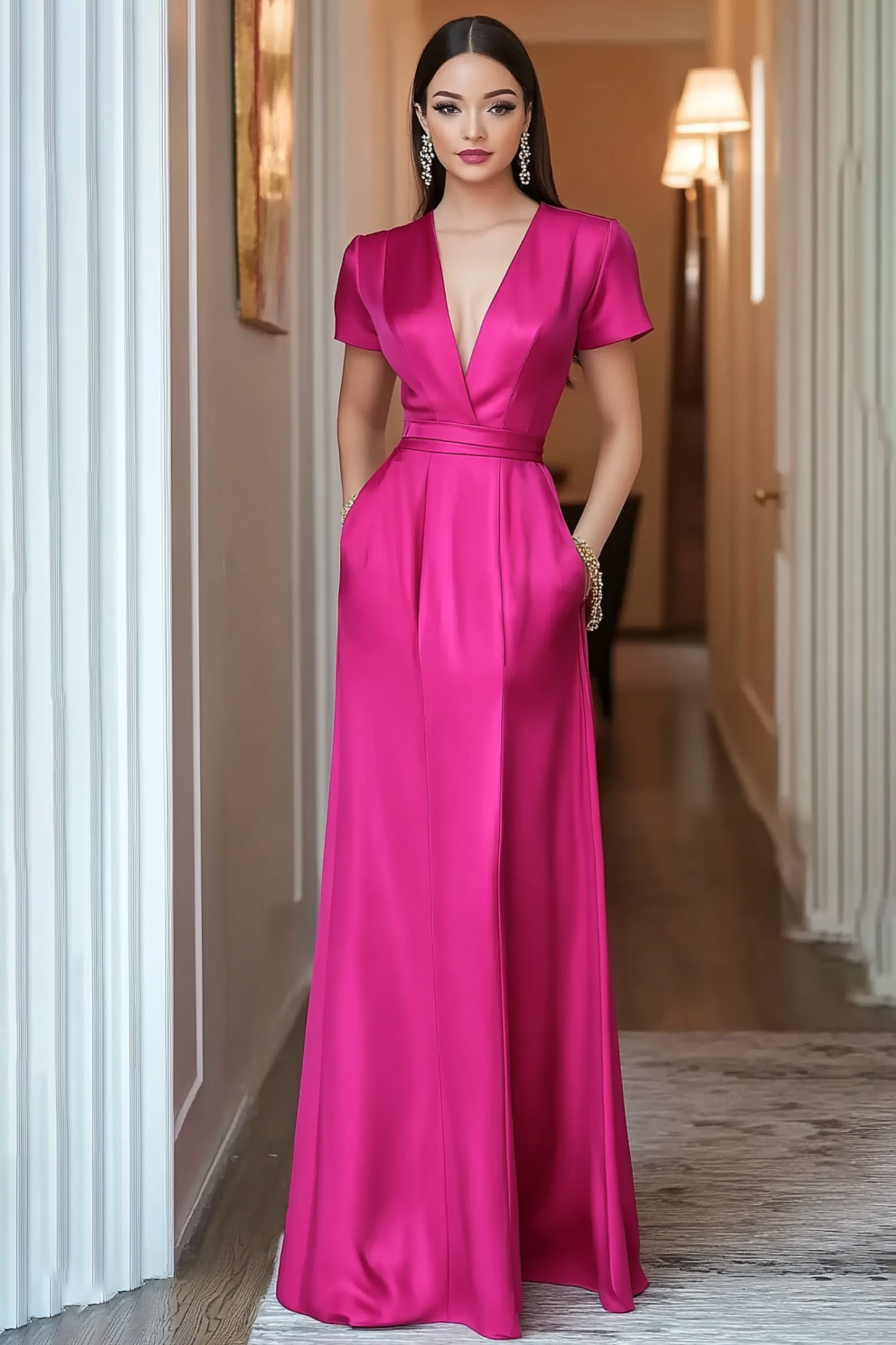 Formal Evening Dress Fuchsia Deep V Satin Pocket Floor Dress