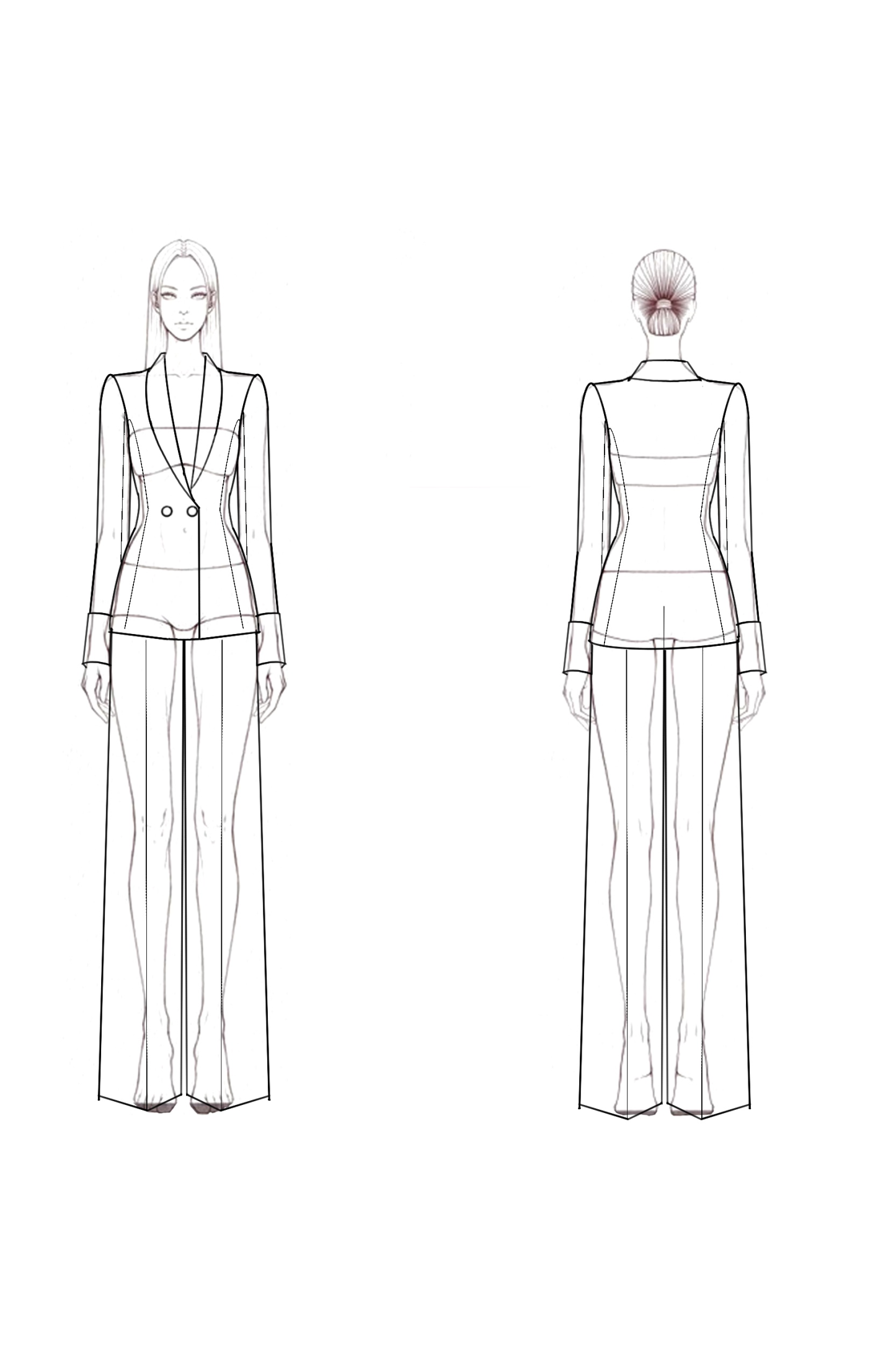 Work Formal Pants Suit Black White Lapel Straight-Leg Blazer Set
