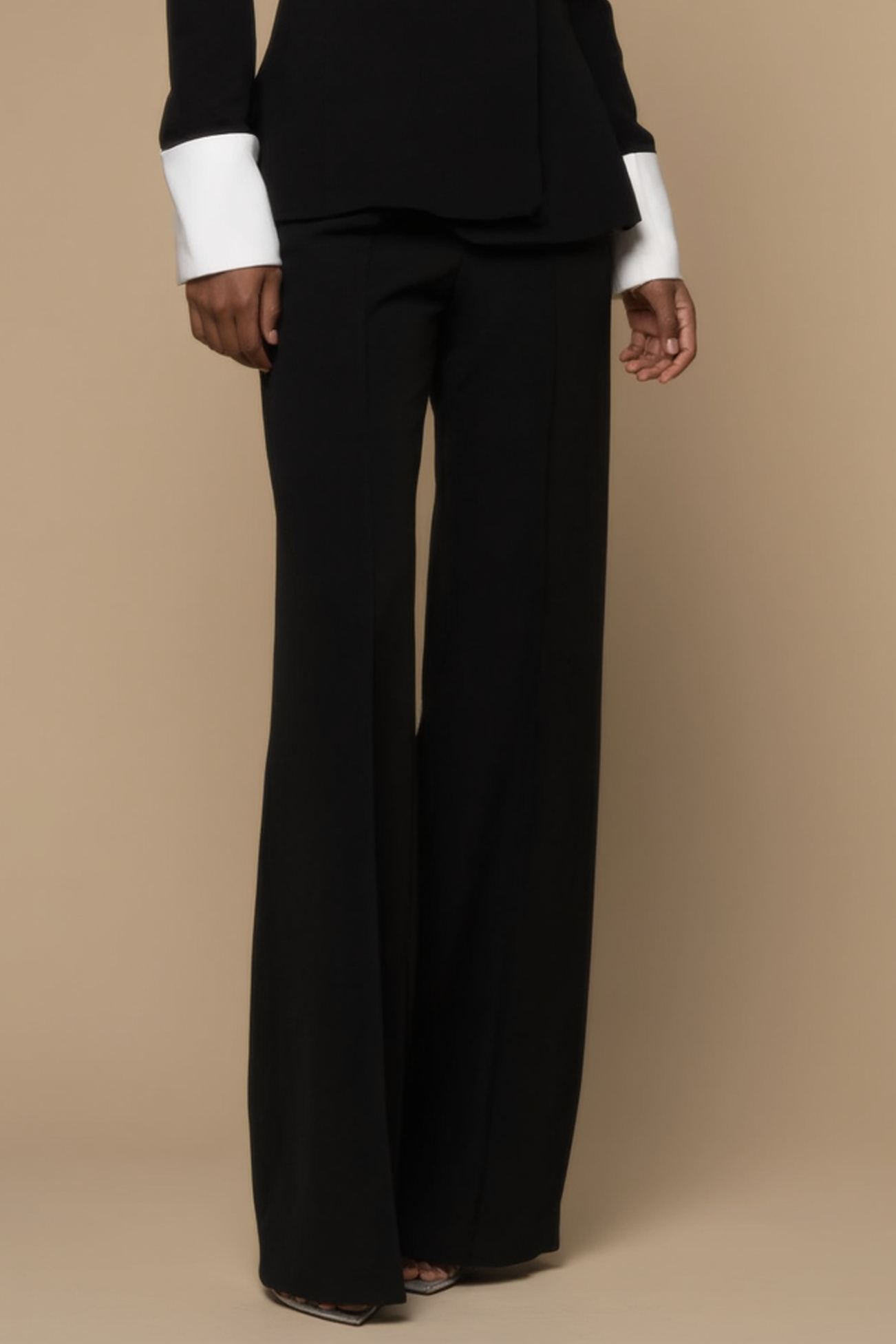 Work Formal Suit Set Black White Lapel Straight Leg Pantsuit