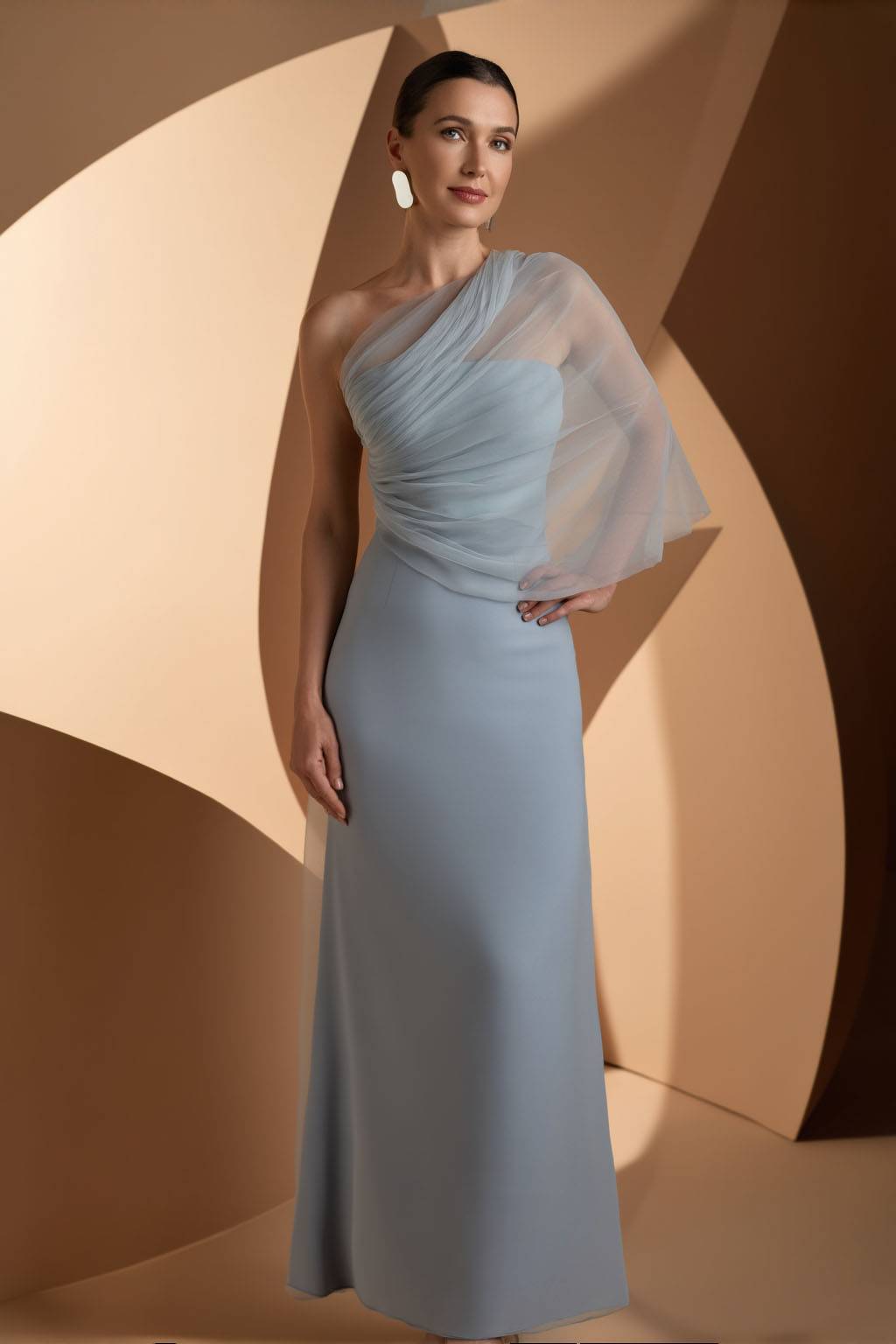 Wedding Guest Party Dress Light Blue Mesh One Shoulder Floor Dress