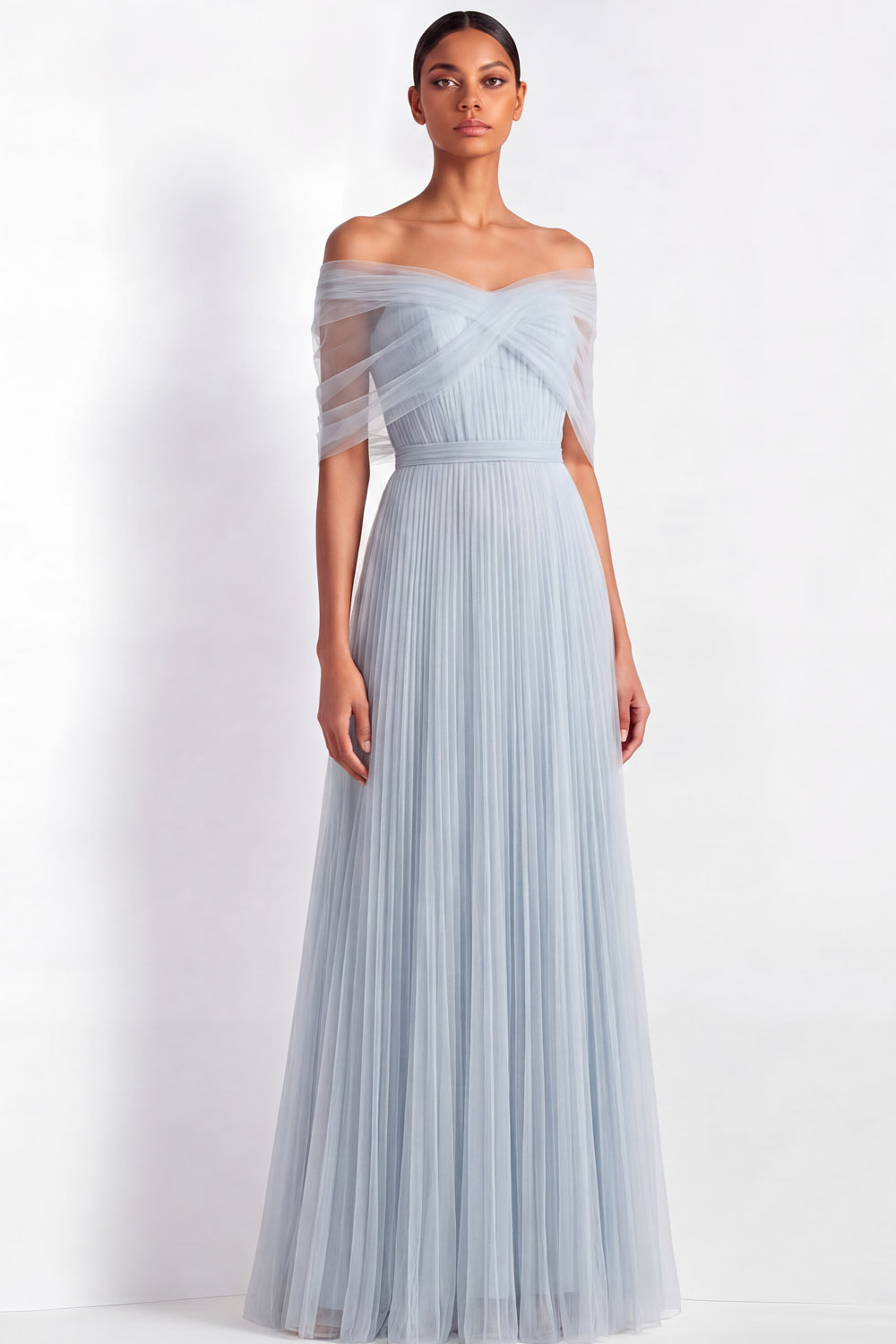 Wedding Guest Party Dress Light Blue Mesh Off The Shoulder Floor Dress