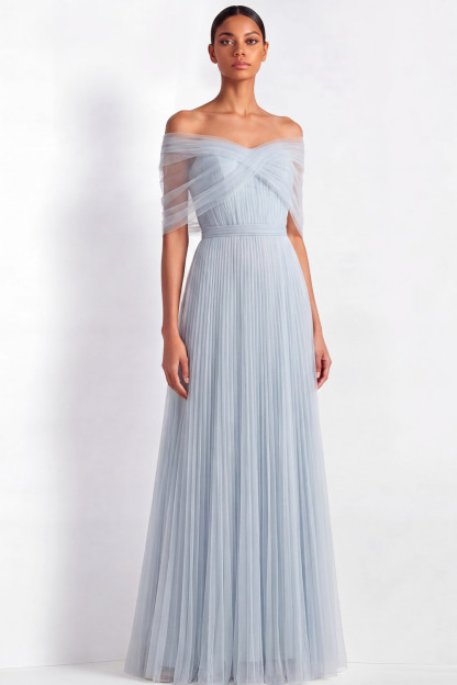 Wedding Guest Party Dress Light Blue Mesh Off The Shoulder Floor Dress