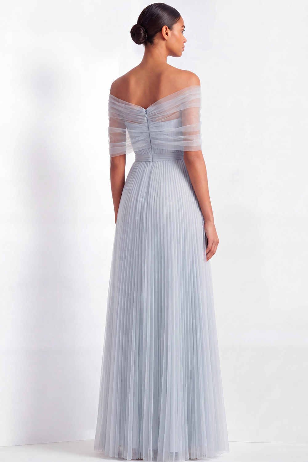 Wedding Guest Party Dress Light Blue Mesh Off The Shoulder Floor Dress