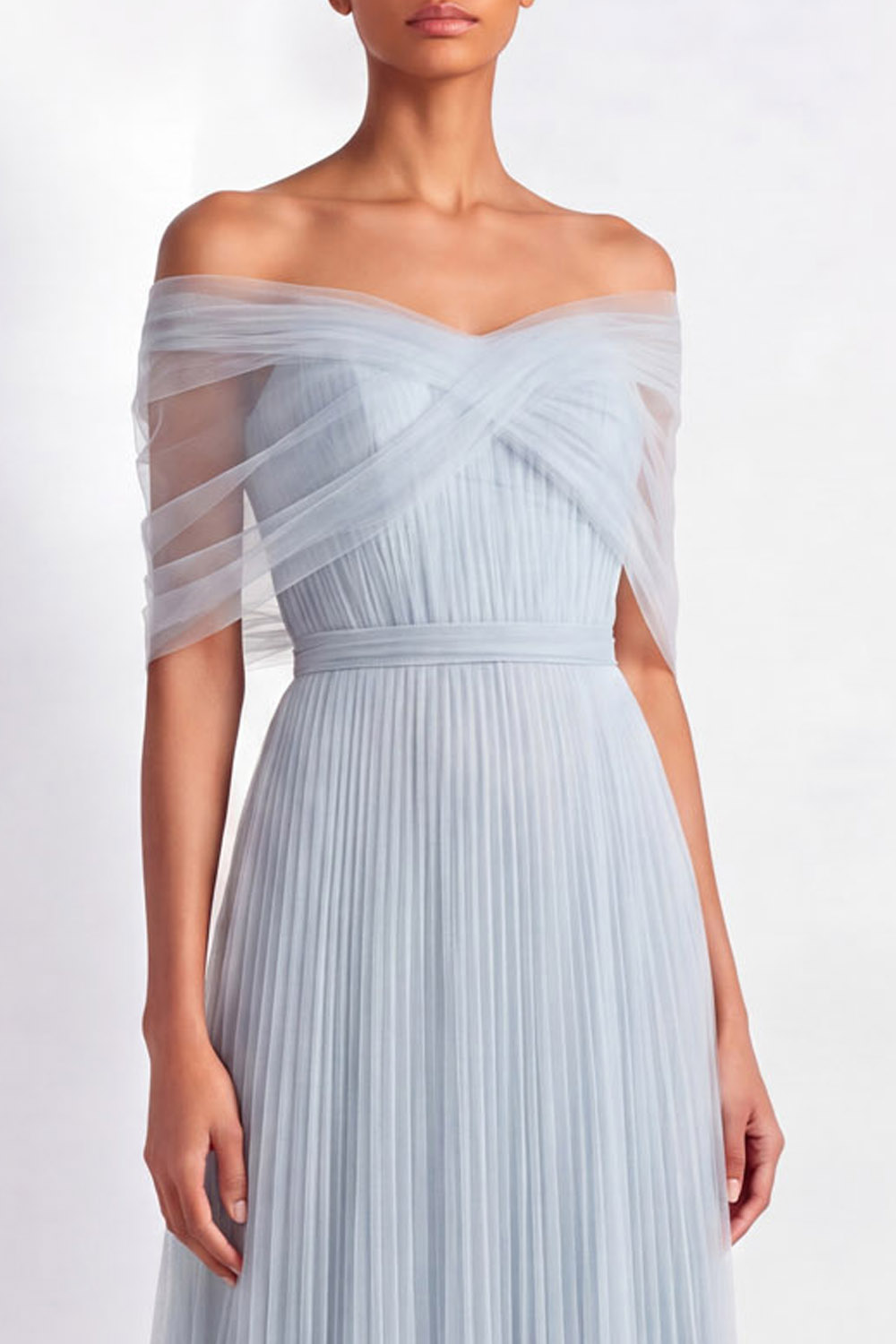 Wedding Guest Party Dress Light Blue Mesh Off The Shoulder Floor Dress