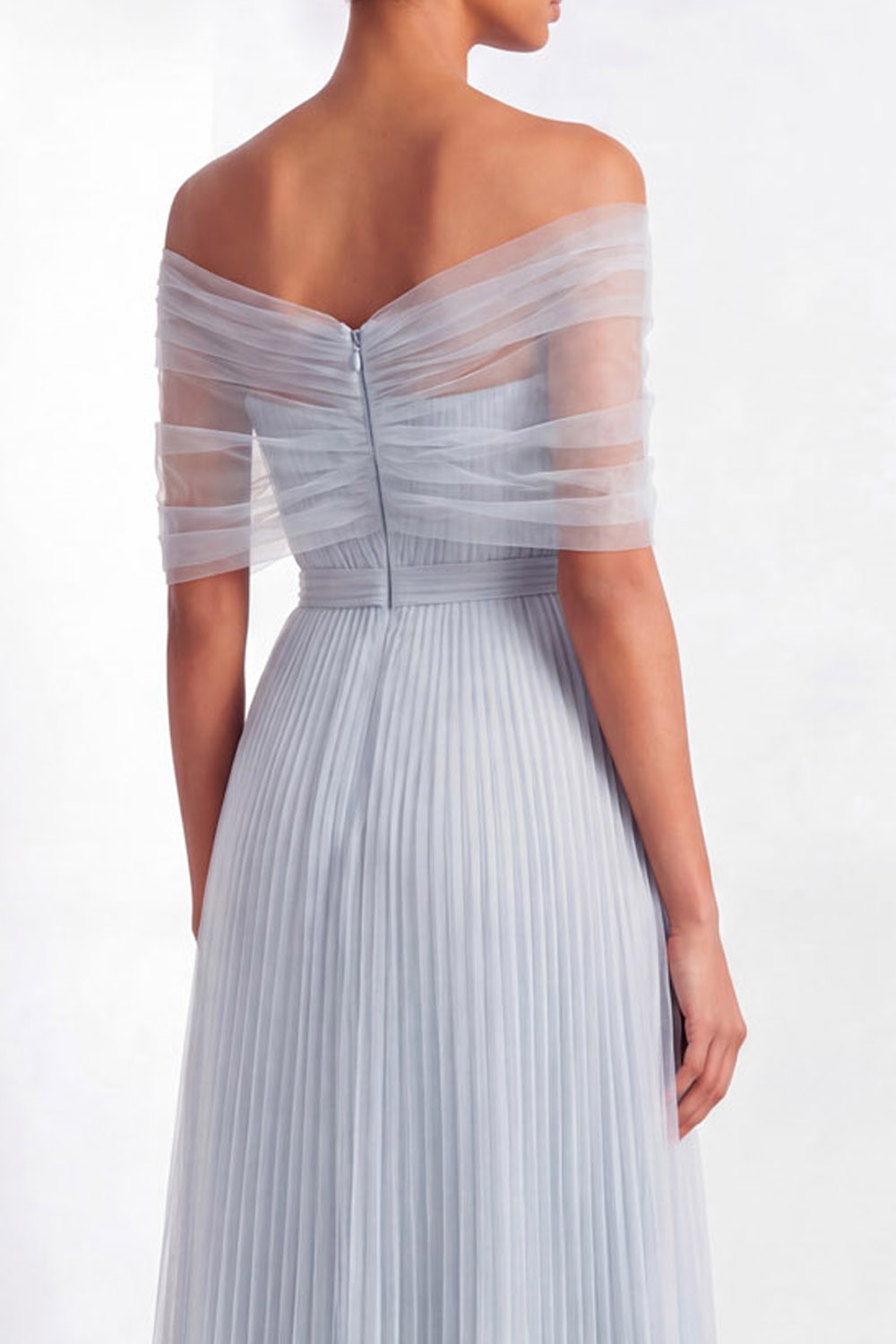 Wedding Guest Party Dress Light Blue Mesh Off The Shoulder Floor Dress