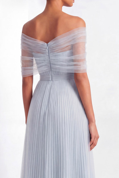 Wedding Guest Party Dress Light Blue Mesh Off The Shoulder Floor Dress