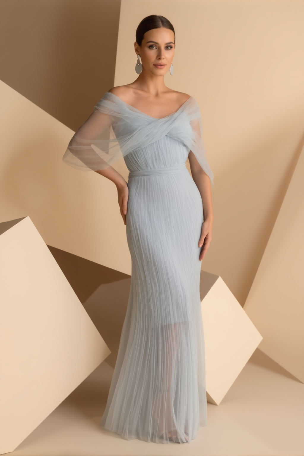 Wedding Guest Party Dress Light Blue Mesh Off Shoulder Floor Dress