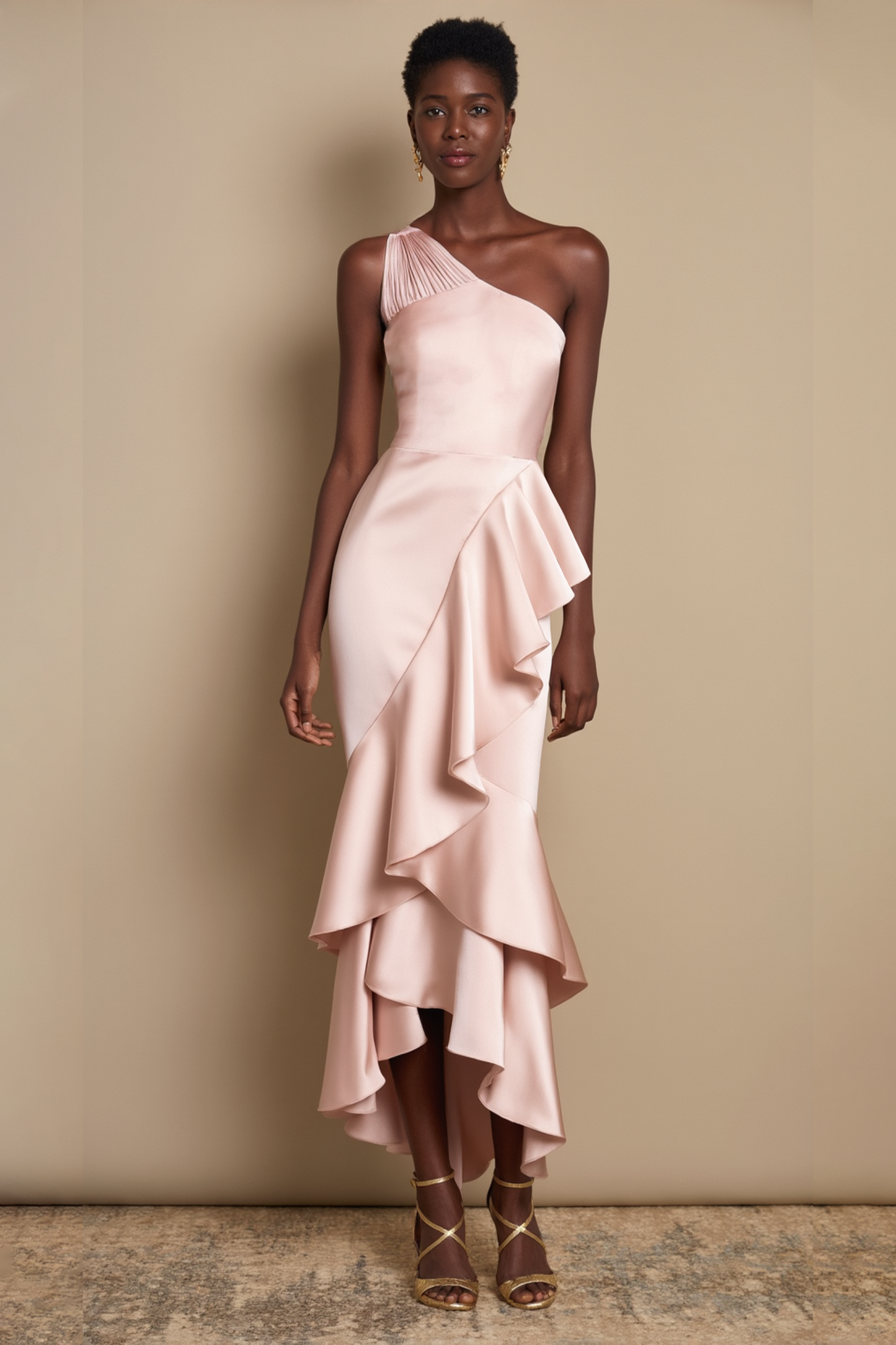 Party Dress Light Pink Satin One Shoulder Ruffle Midi Dress