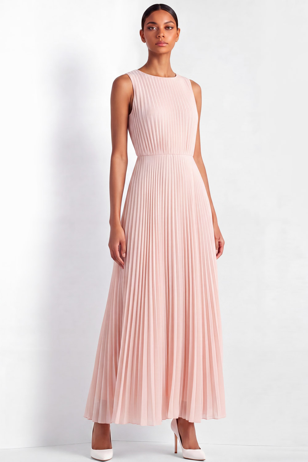 Daily Vacation Dress Light Pink Sleeveless Chiffon Pleated Midi Dress