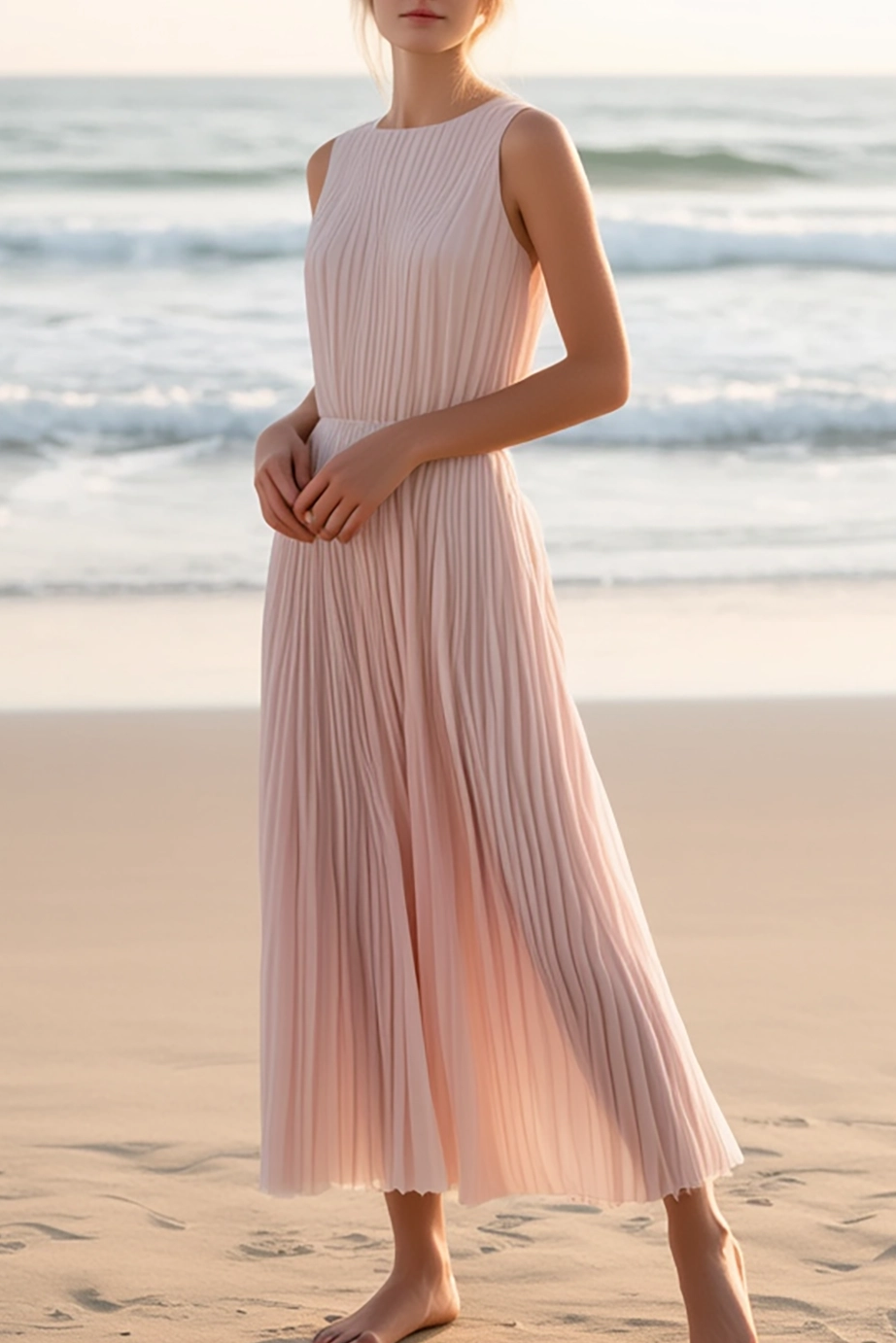 Daily Vacation Dress Light Pink Sleeveless Chiffon Pleated Midi Dress