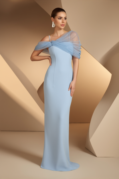 Formal Evening Gown Light Blue Mesh Spaghetti Strap Floor-Length Dress