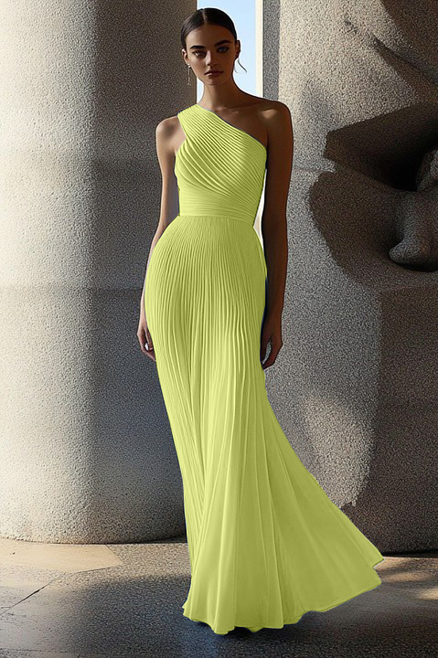 Formal Evening Gown Light Blue One Shoulder Pleated Floor-Length Dress