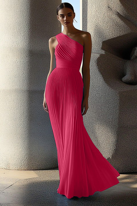 Formal Evening Gown Light Blue One Shoulder Pleated Floor-Length Dress