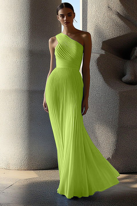 Formal Evening Gown Light Blue One Shoulder Pleated Floor-Length Dress