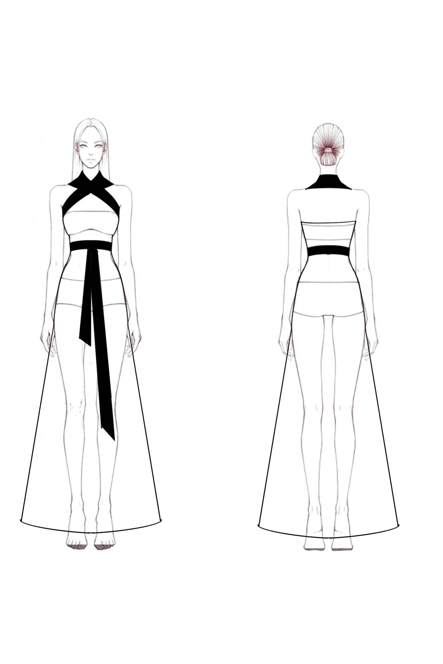 Formal Black and White Halter Cross-Neck Maxi Dress