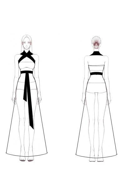 Formal Black and White Halter Cross-Neck Maxi Dress