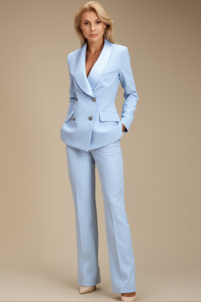 Work Formal Blazer Suit Set Light Blue Pocketed Straight-Leg Pantsuit