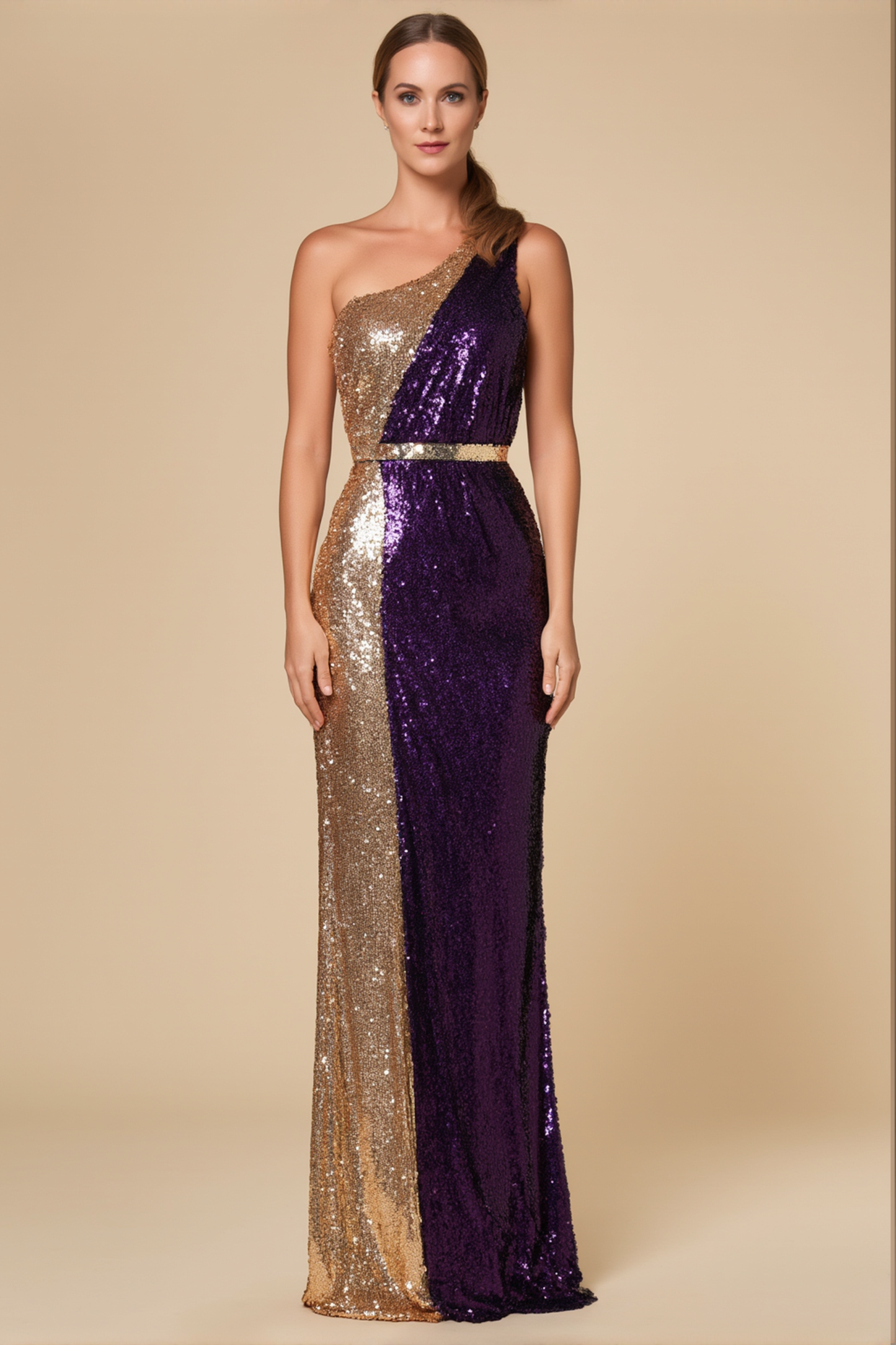 Evening Formal Sequin Dress Gold Purple One Shoulder Floor-Length Gown