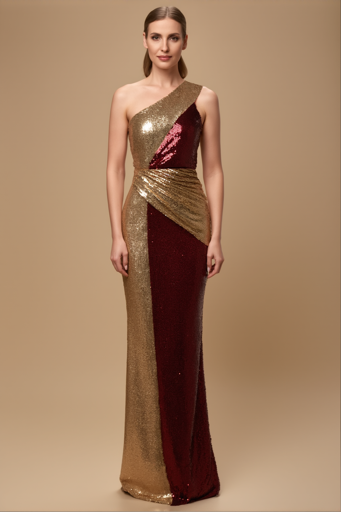 Evening Formal Dress Gold Red Sequin One Shoulder Floor-Length Dress