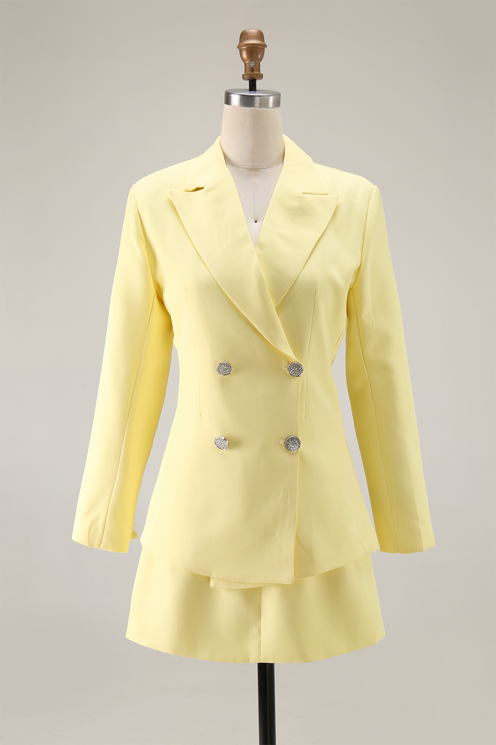 Work Party Skirt Suit Light Yellow Long Sleeve Mini Two Piece Blazer Set