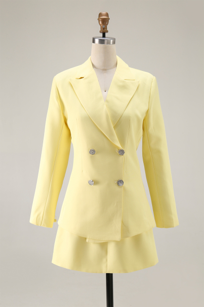 Work Party Skirt Suit Light Yellow Long Sleeve Mini Two Piece Blazer Set