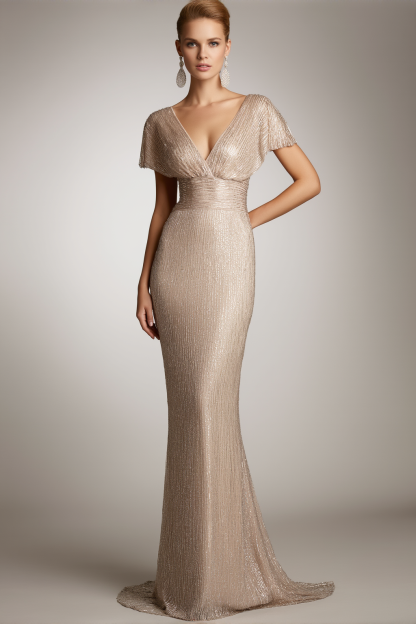 Formal Evening Gown Champagne Cross Neck Sequin Floor-Length Dress