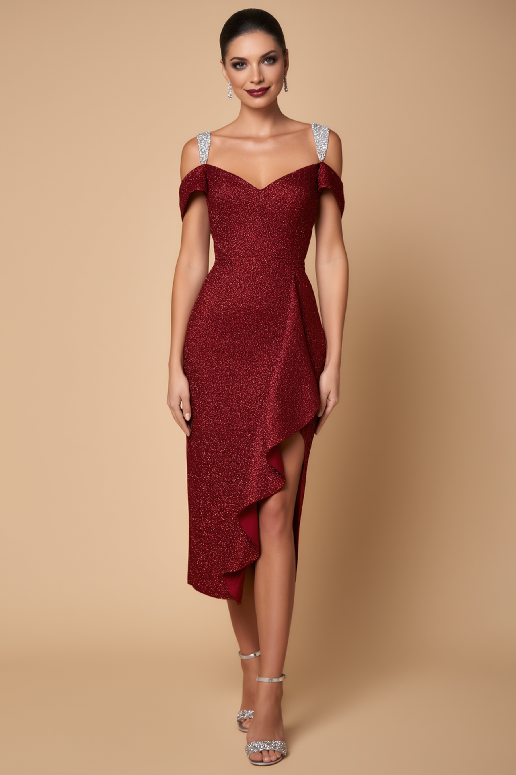 Cocktail Party Dress Red Off Shoulder Glitter Ruffle Midi Dress