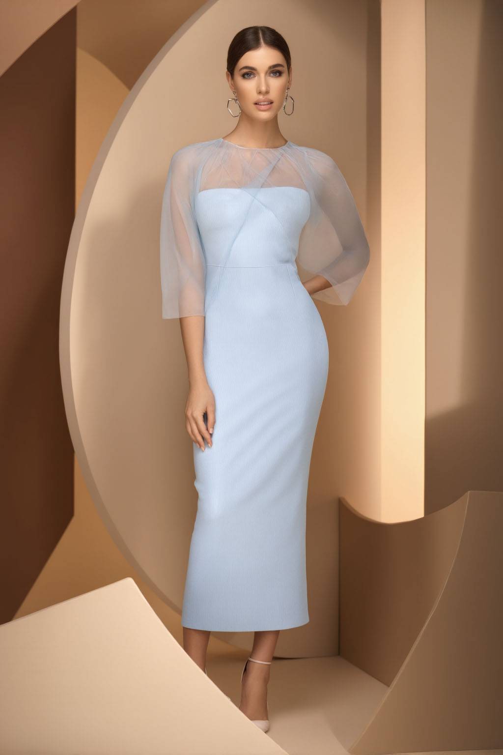 Wedding Guest Party Dress Light Blue Round Neck Tulle Bodycon Midi Dress