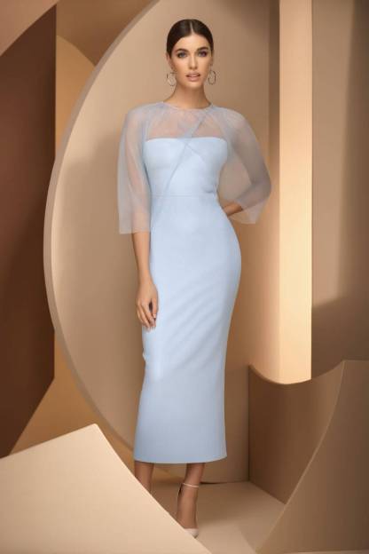 Wedding Guest Party Dress Light Blue Round Neck Tulle Bodycon Midi Dress