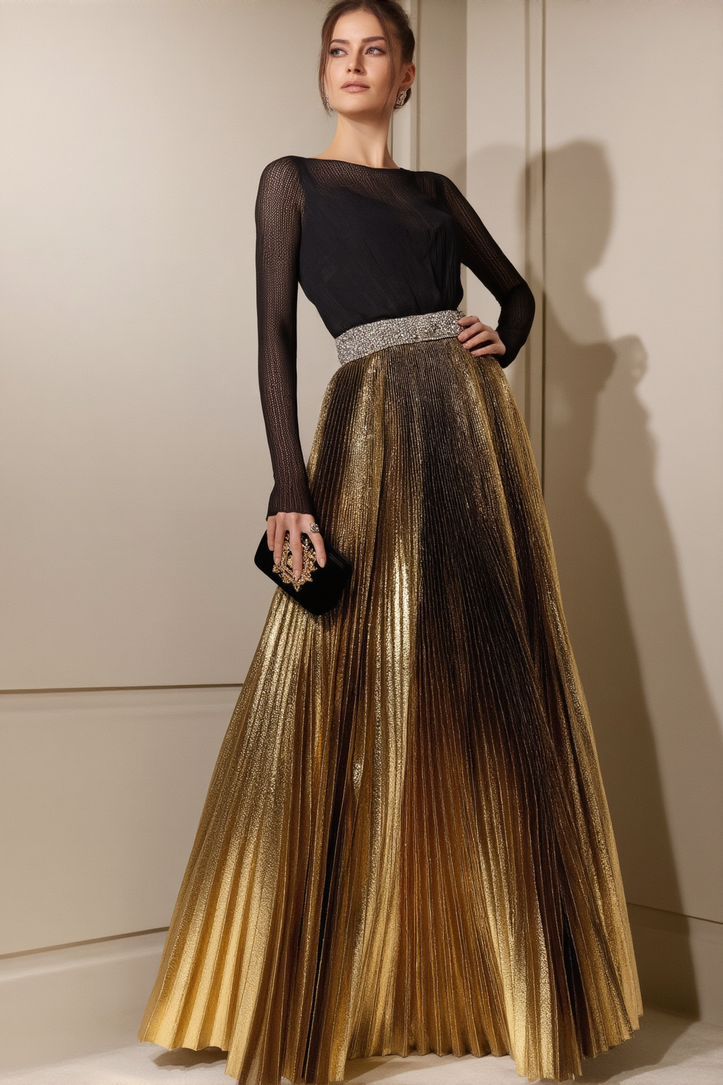 Evening Formal Dress Black Gold Round Neck Metallic Pleated Gown