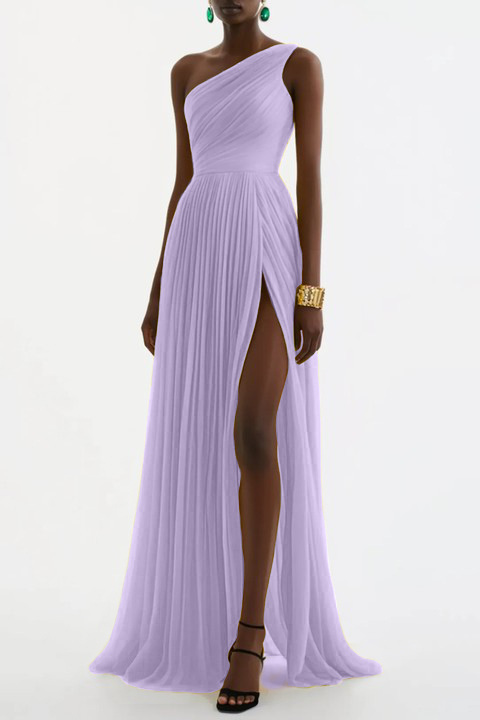 Evening Formal Dress Yellow One Shoulder Pleated Floor-Length Gown