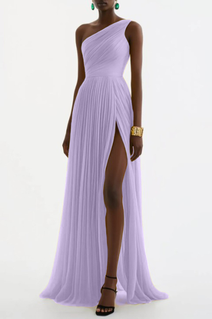 Evening Formal Dress Yellow One Shoulder Pleated Floor-Length Gown