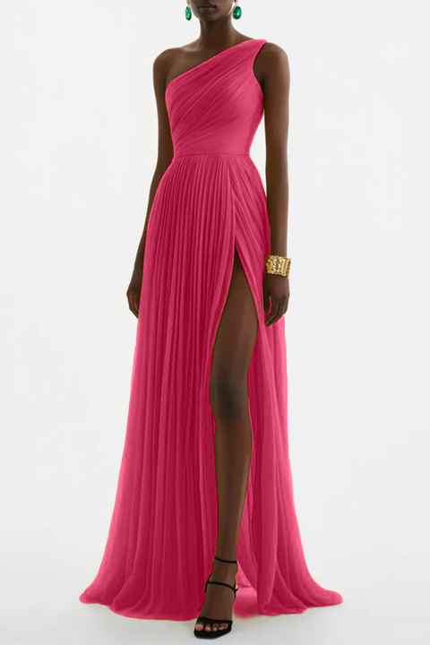 Evening Formal Dress Yellow One Shoulder Pleated Floor-Length Gown