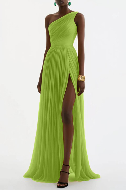 Evening Formal Dress Yellow One Shoulder Pleated Floor-Length Gown